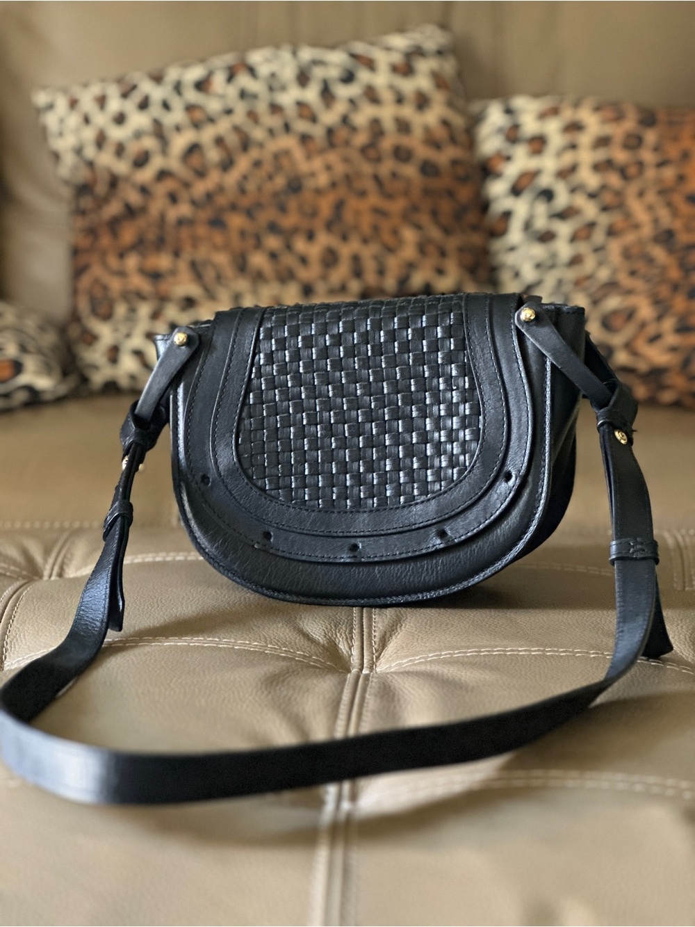 Black Woven Saddle Crossbody Bag